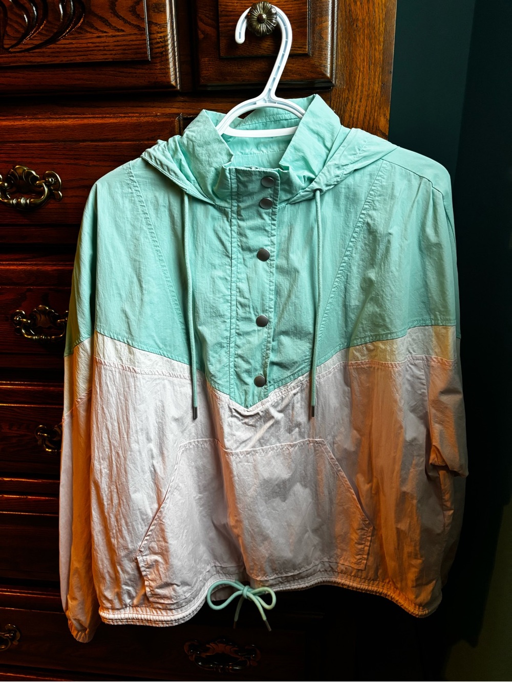Women's American Eagle Light Teal and Light Pink Hooded Anorak Jacket